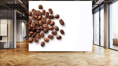 roasted coffee beans textured highlighting the rich textures and colors. Ground into a powder for fresh brewed cup of morning caffeinated coffee. Isolated on white background with copy space Wall mural