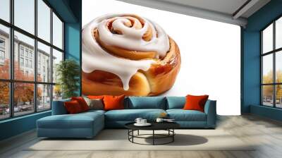 Tasty homemade cinnamon roll, bun, swirl, Danish or snail with glaze icing dripping down sides. made with flour, cinnamon, sugar, and butter, which provide a robust and sweet flavor. isolated on white Wall mural