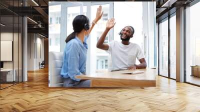 High five, call center and people teamwork, support or coworking success, winning or achievement in office. Happy african man, partner or woman hands together for telemarketing sale, target or goals Wall mural