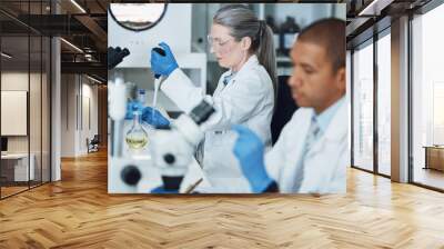 Laboratory research, pipette and scientist team working on biotechnology, chemistry investigation or pharmaceutical. Lab sample, vaccine analysis and people work on scientist experiment, test or exam Wall mural