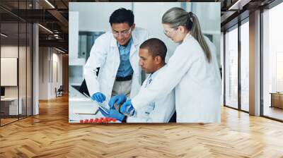 People, tablet and collaboration in science laboratory for medical research, medicine and teamwork development. Mature scientist, mentor and technology for DNA healthcare and genetic engineering help Wall mural