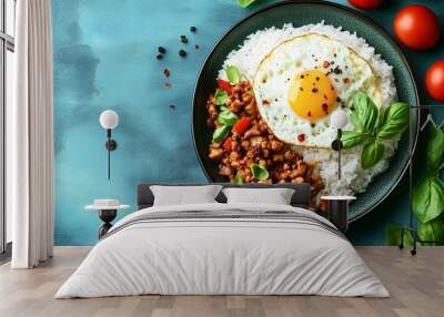 Authentic Thai Basil Pork, Pad kra pao Thai cuisine is a spicy and savory stir-fry dish featuring ground meat and holy basil served over rice with fried egg	, set against a textured blue background. Wall mural