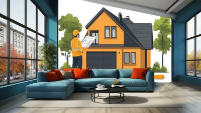 Home Construction Project: Illustration of Architect reviewing blueprints of a new house  Wall mural