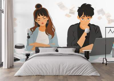 Stressed financial young couple calculating monthly expenses at home. Debt and accounting. Troubled couple reviewing documents. Flat design, illustration Wall mural