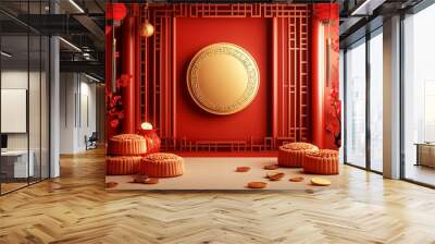 Traditional Chinese banners with mooncake and gold decoration on red background and blank space for text. Chinese palace banners red product display Wall mural