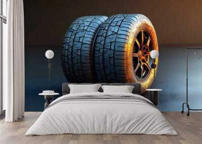 Two sleek, black tires with intricate tread patterns, illuminated by warm light, set against a dark background, showcasing their design and texture. Wall mural