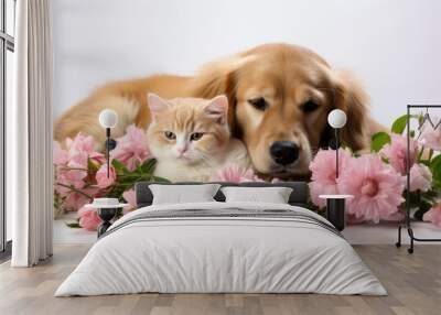 Dog and cat depicted in an old botanical style, lying on a white background with ample space for advertising text or product placement Wall mural