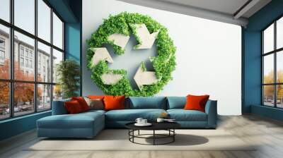 Eco friendly circular economy symbols made of green foliage and arrows represent sustainability and environmental awareness. This image emphasizes importance of recycling and nature Wall mural