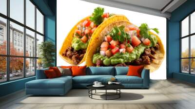 Two delicious tacos with ground beef, guacamole, tomatoes and cilantro. Wall mural