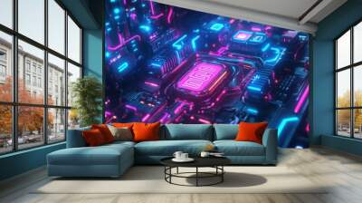 3D glow effect of a high-tech gadget with bright neon lights and intricate details, set in a dark, Wall mural