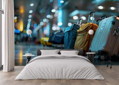 A close-up of diverse travel bags and suitcases in an airport baggage drop-off area, highlighting different styles and brands. Wall mural