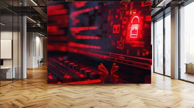 A computer screen displaying a red alert warning of a hacker attack, with a broken red key symbolizing a security breach Wall mural