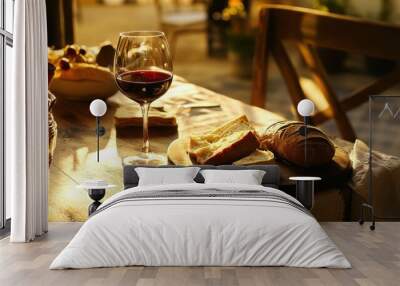 A French-style dining table with bread, cheese, a glass of red wine, and golden evening light Wall mural