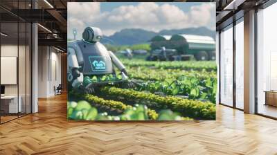 A futuristic farm with robots harvesting crops, showcasing the potential of automation in agriculture Wall mural