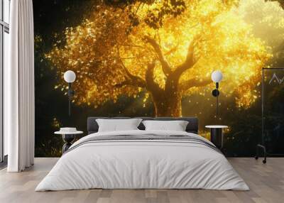 A golden tree in the middle of a lush green forest, Wall mural