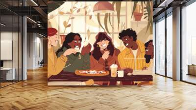 A group of friends from different cultural backgrounds laughing and enjoying Italian pizza at a cozy Wall mural