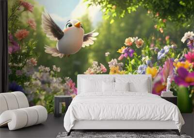 A happy 3D cartoon character, a cute bird, flying over a lush flower garden with various types of flowers in full bloom Wall mural