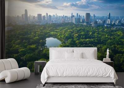 An aerial view of Bangkok, highlighting the skyline's skyscrapers set against the lush Wall mural