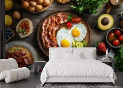 Artistic overhead photography of a breakfast spread with eggs, bacon, and fresh fruit Wall mural