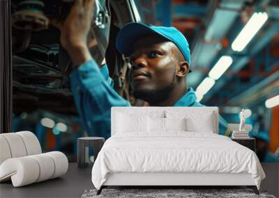 Blue-uniformed mechanic with cap under a car in a modern auto repair shop, working on maintenance Wall mural