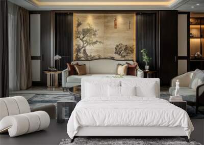 Contemporary interior design with Chinese aesthetics, including classic motifs and Wall mural