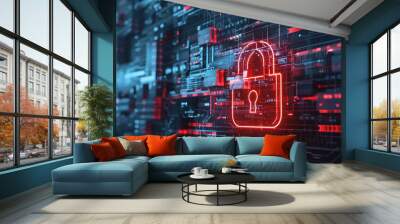 Digital breach visual featuring a red warning padlock and signs of a system hack. Wall mural