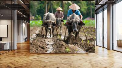 Farmers using water buffalo to plow the fields in rural Isan, preserving ancient traditions Wall mural