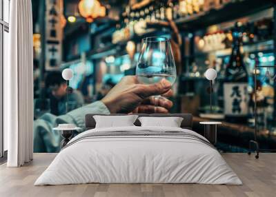 Hand of a businessman gripping a sake glass at a lively izakaya bar Wall mural