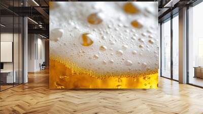 High-definition close-up of a golden beer with a frothy white head, every detail captured Wall mural