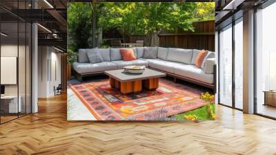 Inviting backyard lounge area with a modern sectional sofa, a chic coffee table, and Wall mural