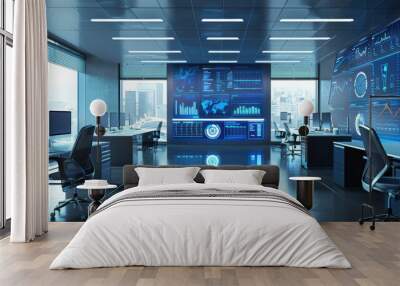 Modern office with digital communication network and business statistics displayed on screens Wall mural