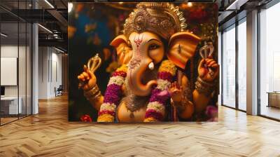 The majestic Ganesha statue, adorned with garlands of flowers and colorful lights, taking Wall mural