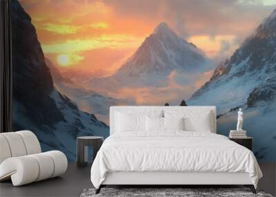 Travelers walking through a snow-covered mountain pass, with the sun rising over the peaks in the background. Wall mural