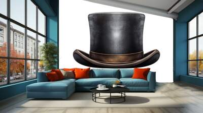 A black top hat with a brown band sits on a white background, transparent background. Wall mural