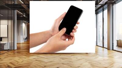  hand holding mobile blank touch screen and use finger to press down on the phone to scan the fingerprint. isolated on white background. Business man hand holding a modern smartphone. Wall mural