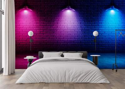 black brick wall  background with neon lighting effect pink purple and blue. glowing lights on empty brick wall background Wall mural