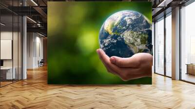 globe blue on hands in green blurred nature background, earth in adult hands , earth day, world day, energy saving concept, Elements of this image furnished by NASA. Wall mural