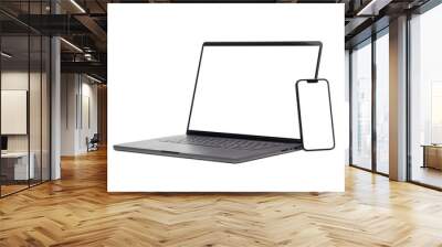 Laptop and smart phone with blank screen isolated on transparent background with clipping path. Wall mural