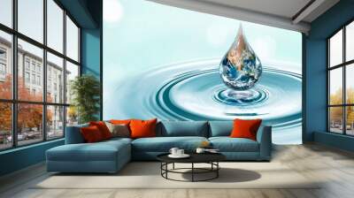 World water day. A globe in the shape of a drop of water falling on blue sea background. Elements of this image furnished by NASA Wall mural