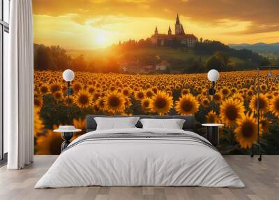 A royal castle standing tall on a hill, surrounded by a vibrant field of sunflowers and roses, with winding stone pathways leading to a grand entrance, all bathed in the golden light of a summer  Wall mural