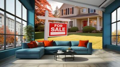 For Sale yard sign for real estate home for sale stock photos. In focus Yard Sign with blurred house in background Wall mural