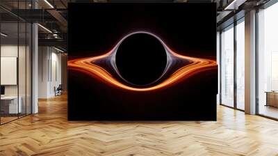 Spiraling cinematic rendering of a pure black hole warping light,  consuming a galaxy star, and bending spacetime  rings, around its orbit in outer space. Wall mural