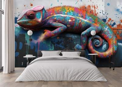 Colorful Chameleon on a Splashed Wall. generative ai illustration. Wall mural