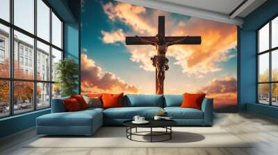 Cross christian god religion on sunset background, jesus church worship pray catholic grace christ, symbols christ love holy spiritual hope peach victory spirit meditation catholicism crucifix trush. Wall mural