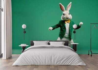 A cool bunny wearing green jacket dancing for the upcoming Easter sales event, green isolated poster background with copy space created with generative ai	 Wall mural