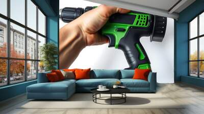 A cordless power drill with a battery pack attached in a hand on a isolated white background with copy space for drilling and wood works created with generative ai. Wall mural