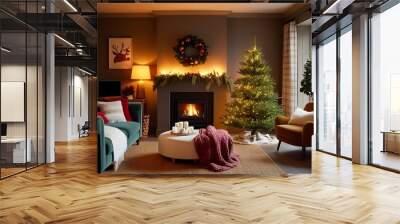 A cozy living room with a Christmas tree, fireplace, and warm lighting creating a festive atmosphere created with generative ai Wall mural