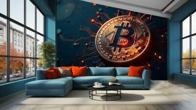 A large bitcoin symbol made of digital circuit elements against a dark background, with a glowing effect created with generative ai Wall mural