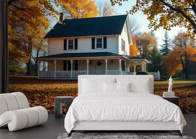 A white two-story house with fallen yellow leaves on the ground, with trees in the background displaying autumn foliage created with generative ai Wall mural