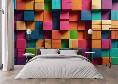 Abstract geometric rainbow colors colored 3d wooden square cubes texture wall background banner illustration, textured wood wallpaper background 4k created with generative ai.	 Wall mural